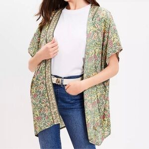 LOFT Garden Kimono Green Neutral Floral Open Front Short Sleeve Womens M/L NWT